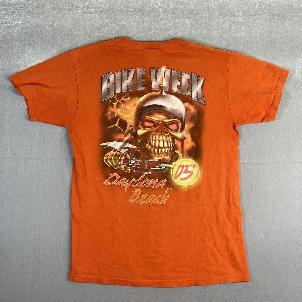 Vintage 2005 Bike Week Skull T Shirt Mens Medium Orange Daytona Beach Florida